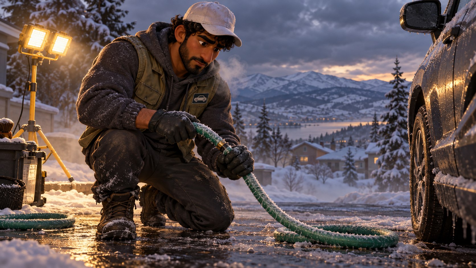 Story illustration: Praveen working with a hose in freezing weather