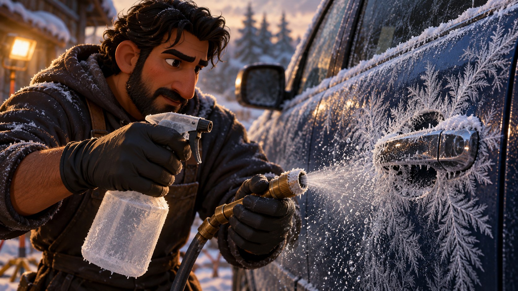 Story illustration: Praveen applying detailing products in winter conditions