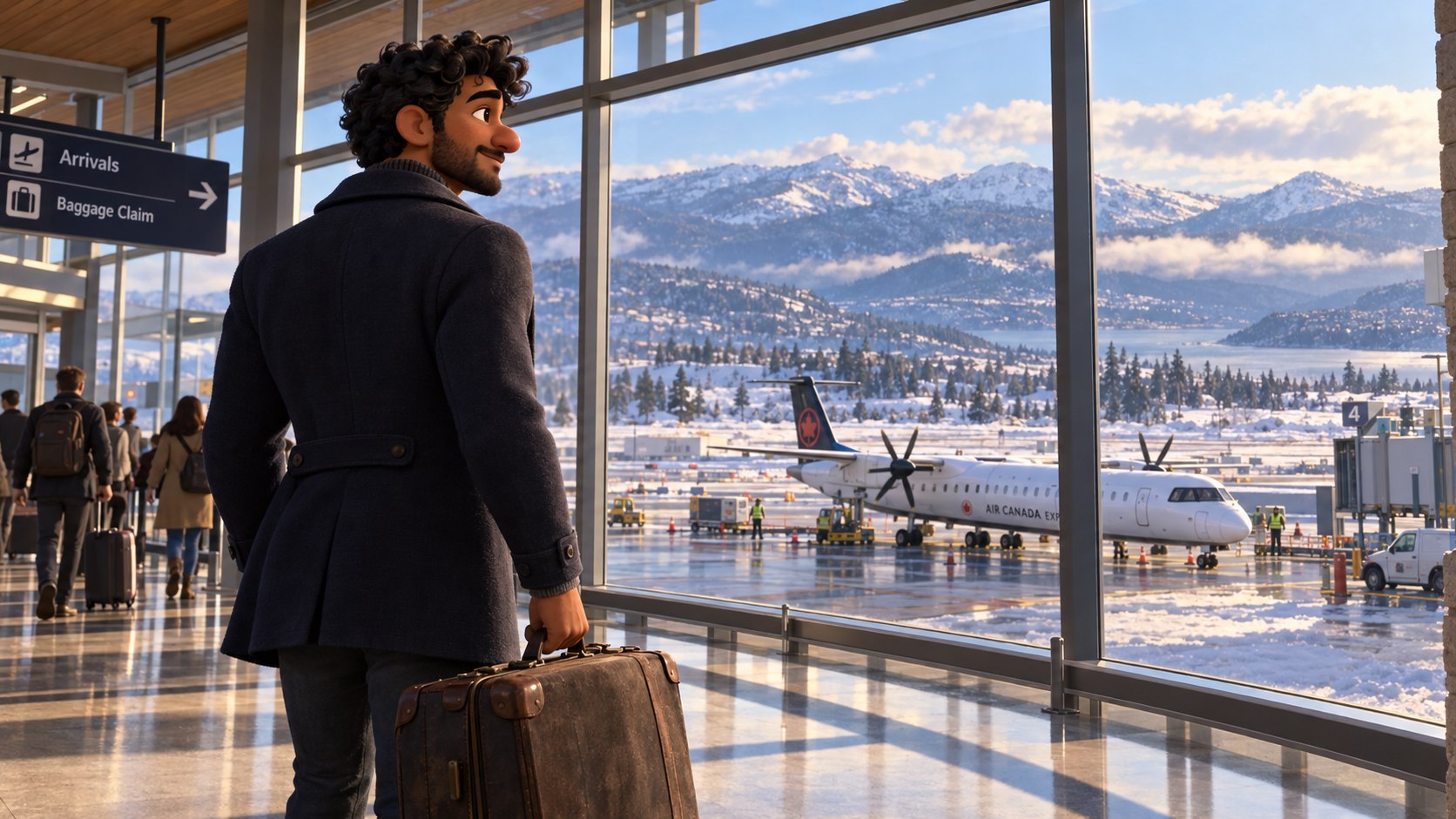 Story illustration: Praveen arriving at a snowy Canadian airport