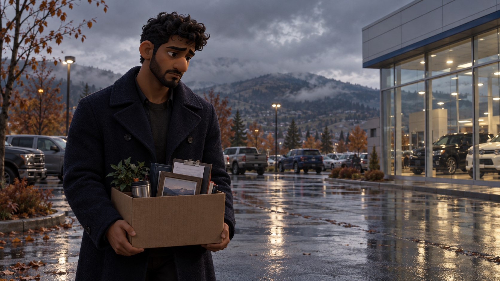 Story illustration: Praveen leaving a dealership carrying his belongings