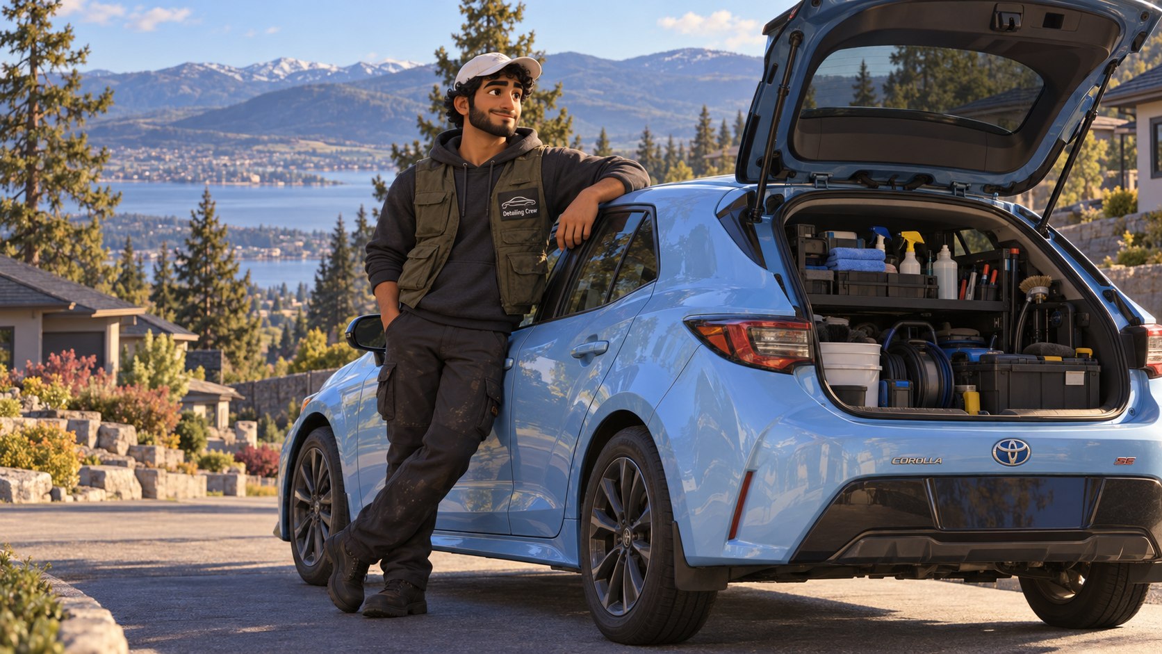 Story illustration: Praveen beside his Corolla with detailing supplies
