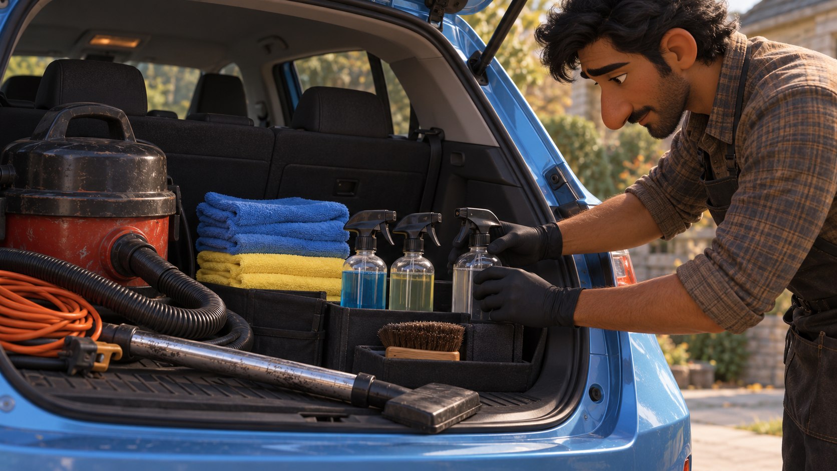 Story illustration: Basic detailing tools and a vacuum packed into a blue Corolla