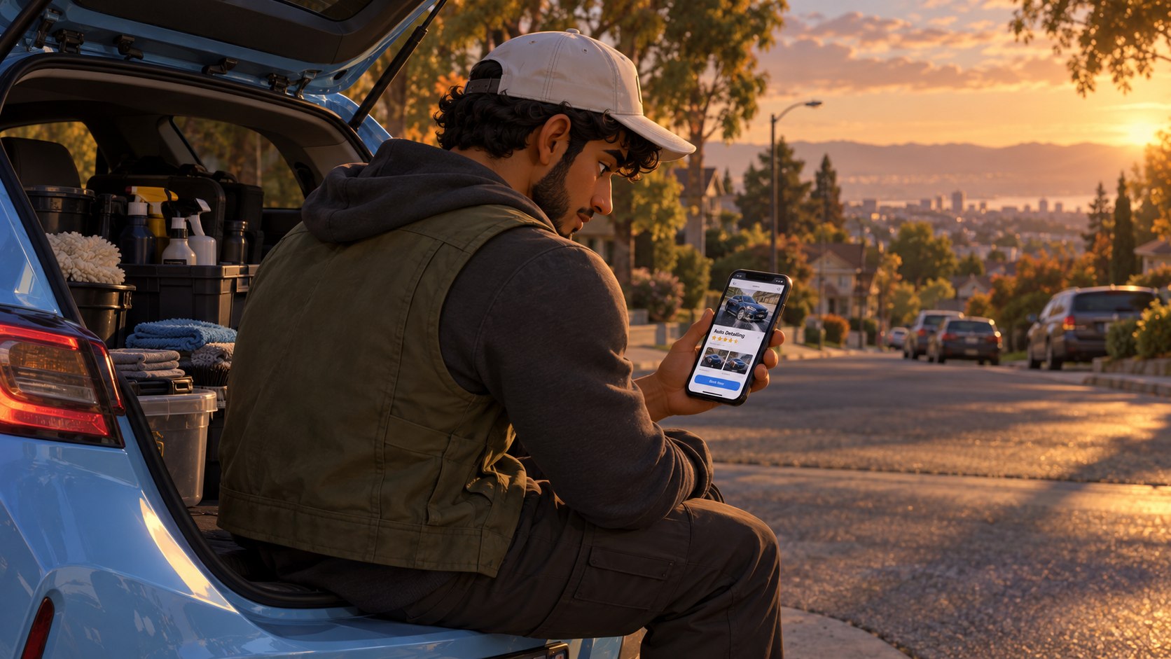 Story illustration: Praveen checking his phone beside the Corolla