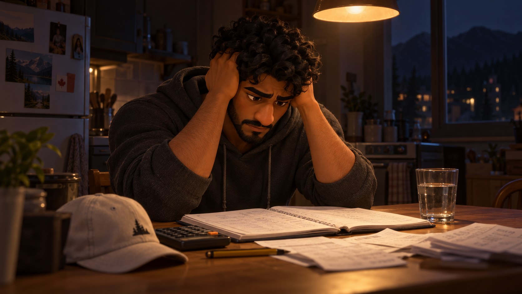 Story illustration: Praveen reviewing paperwork during a difficult period