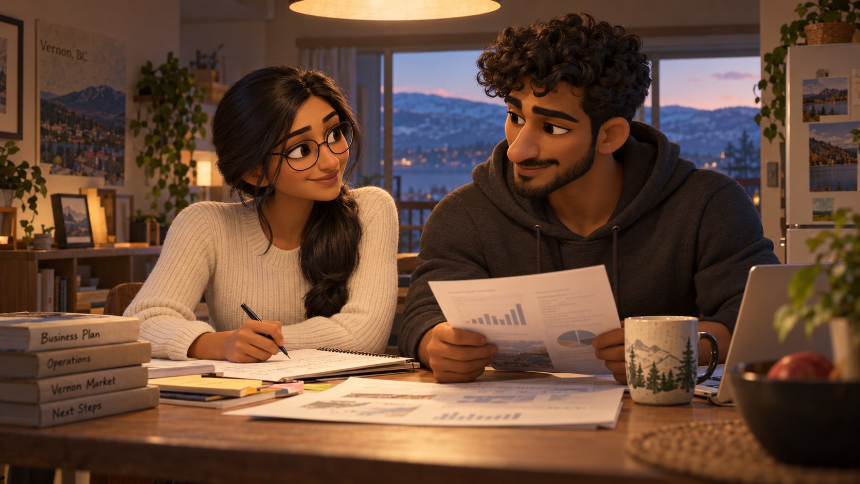 Story illustration: Praveen and his partner reviewing paperwork together