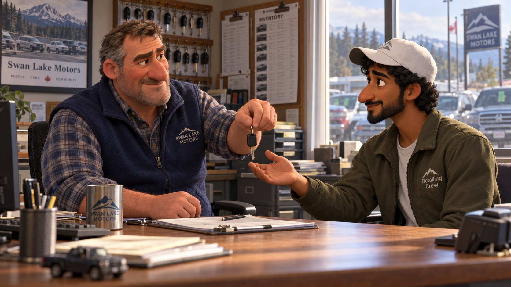 Story illustration: Praveen talking with a dealership contact