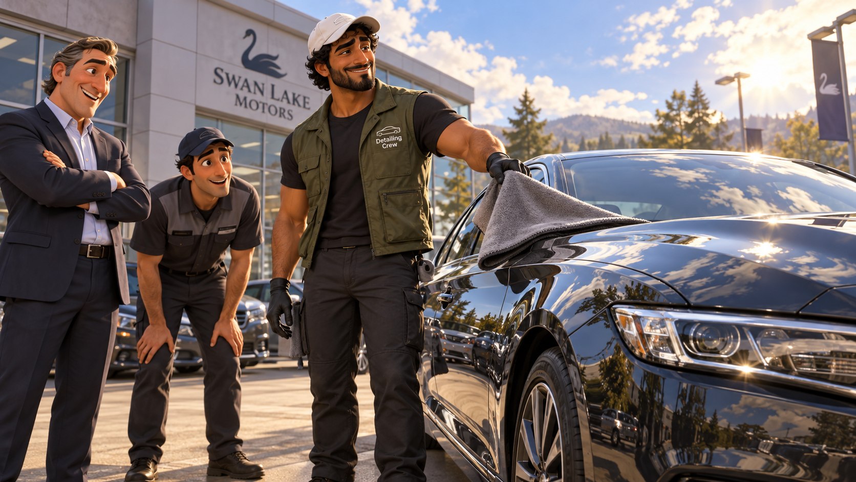 Story illustration: Praveen meeting people outside a dealership