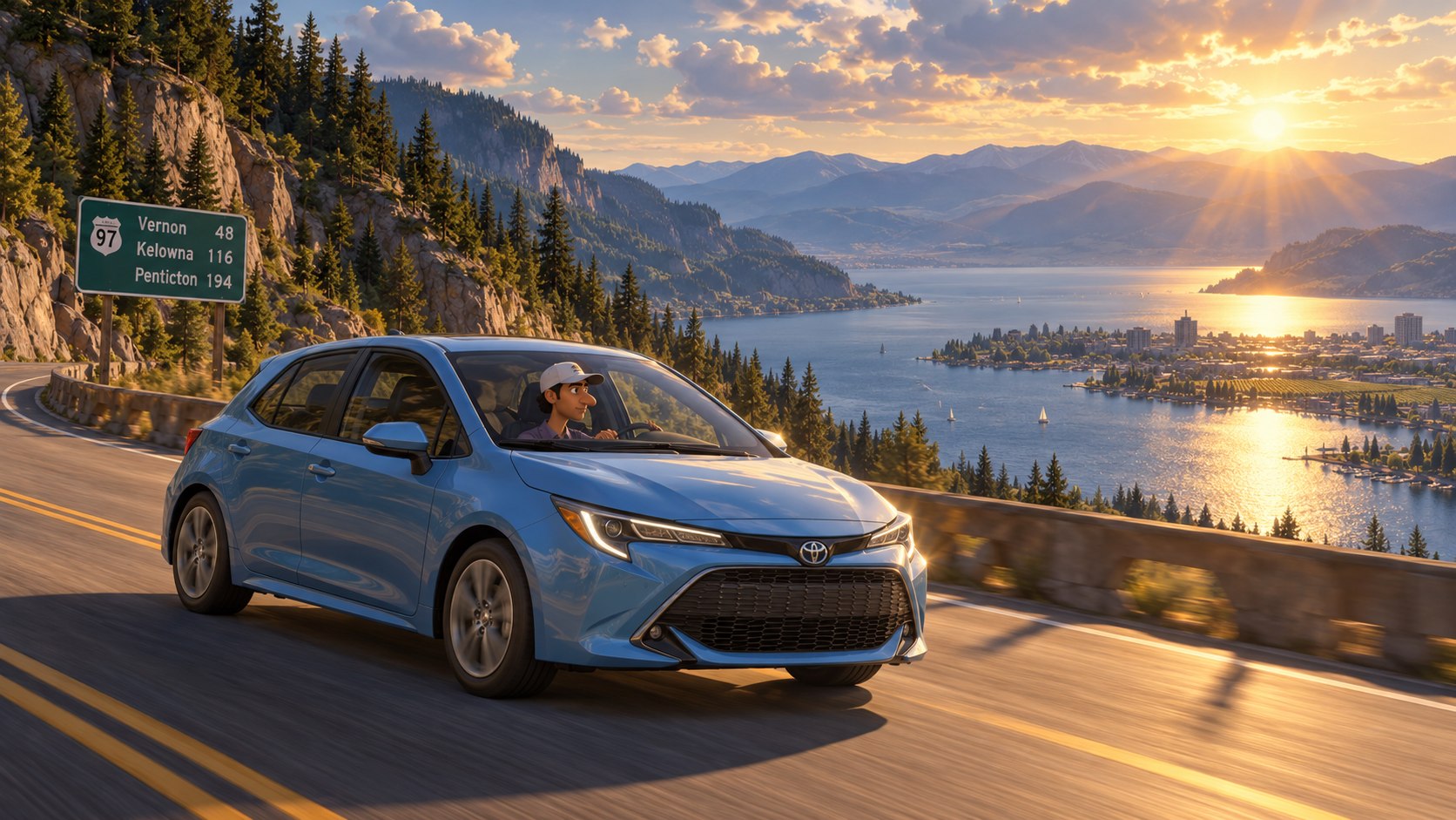 Story illustration: The blue Corolla travelling through the Okanagan